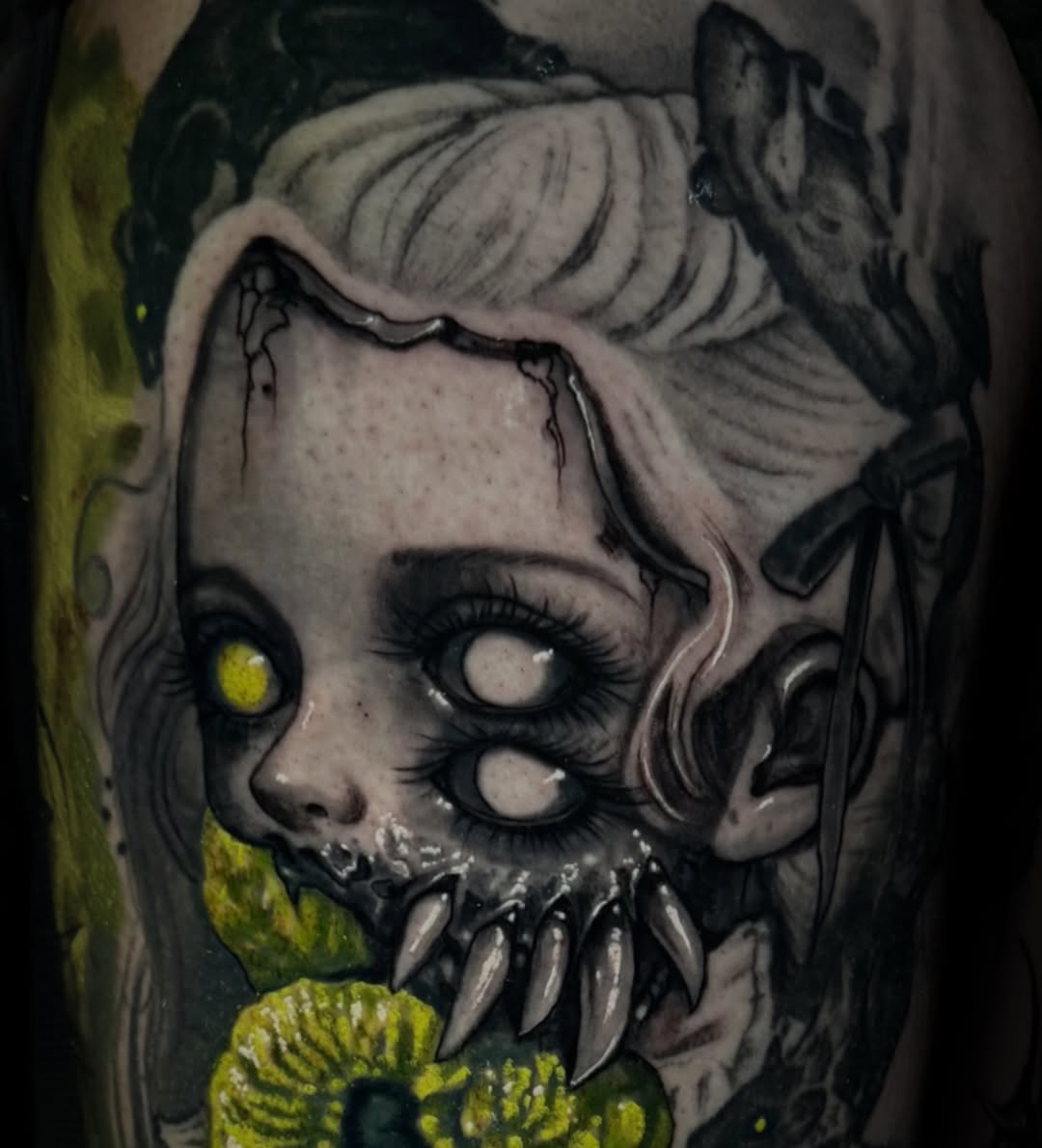 Tattoo by @spacezombietattoo β dark_realism, black_and_grey