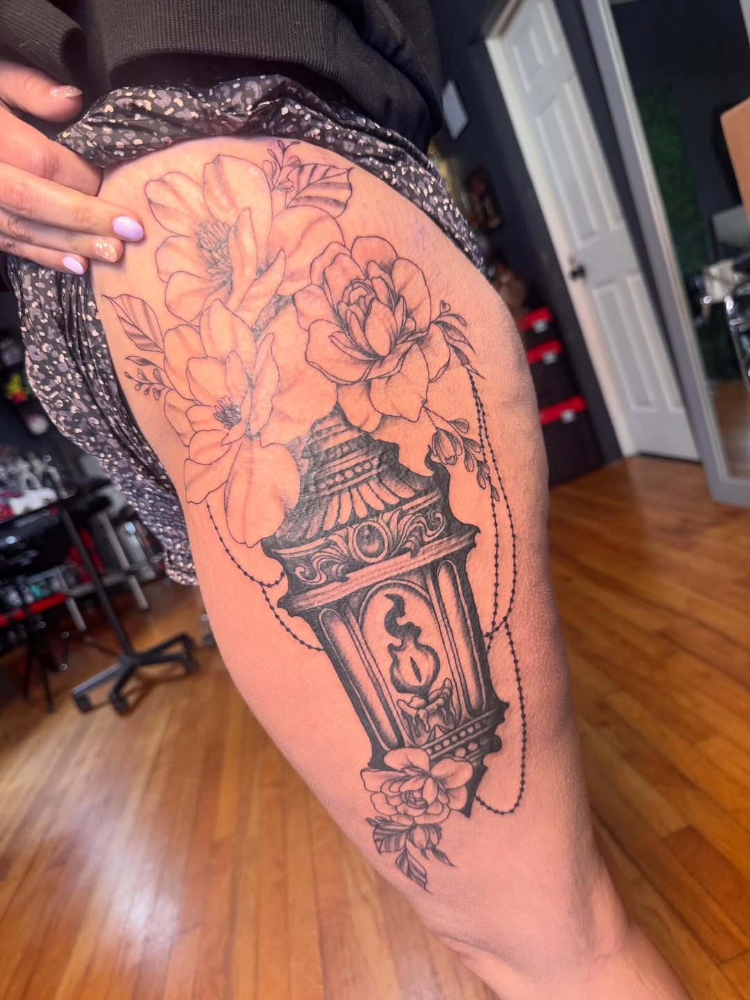 Tattoo by @chels_king24 — black_and_grey, fine_line