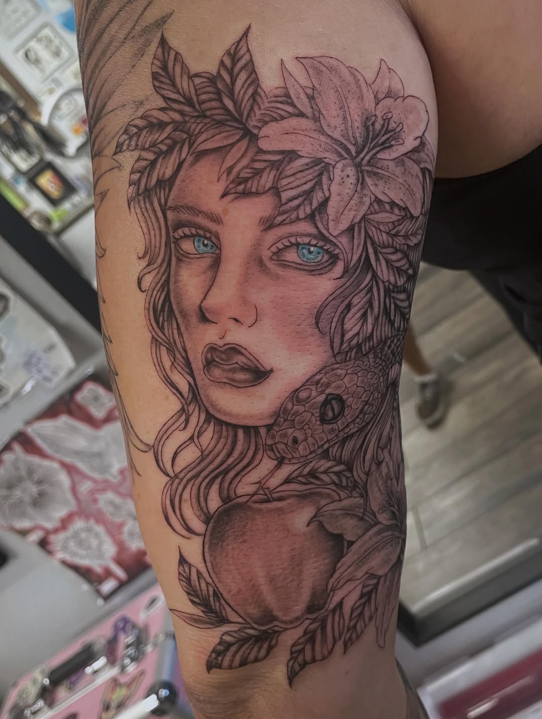 Tattoo by @tattoomebella — realism, black_and_grey