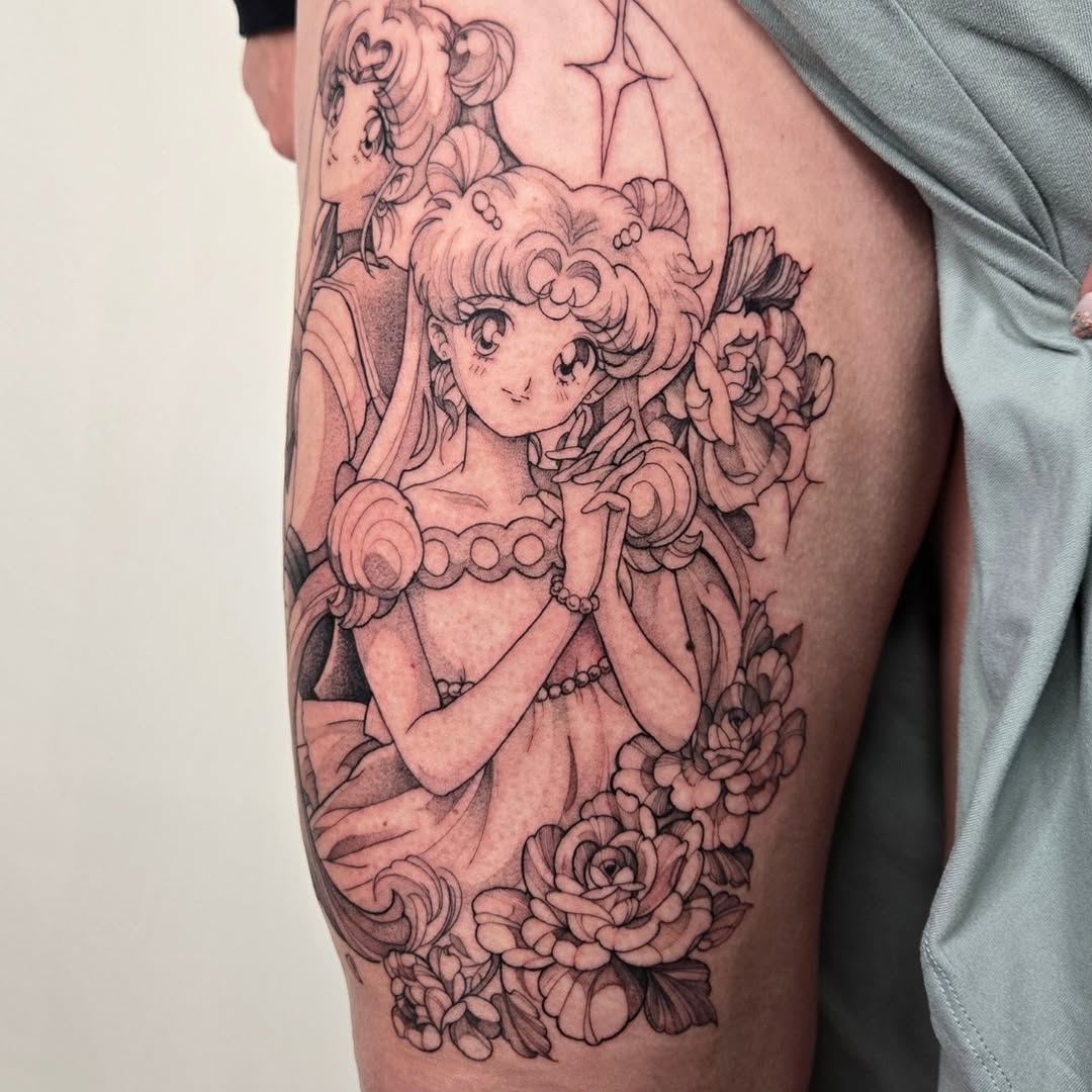 Tattoo by @savshimi — anime, black_and_grey