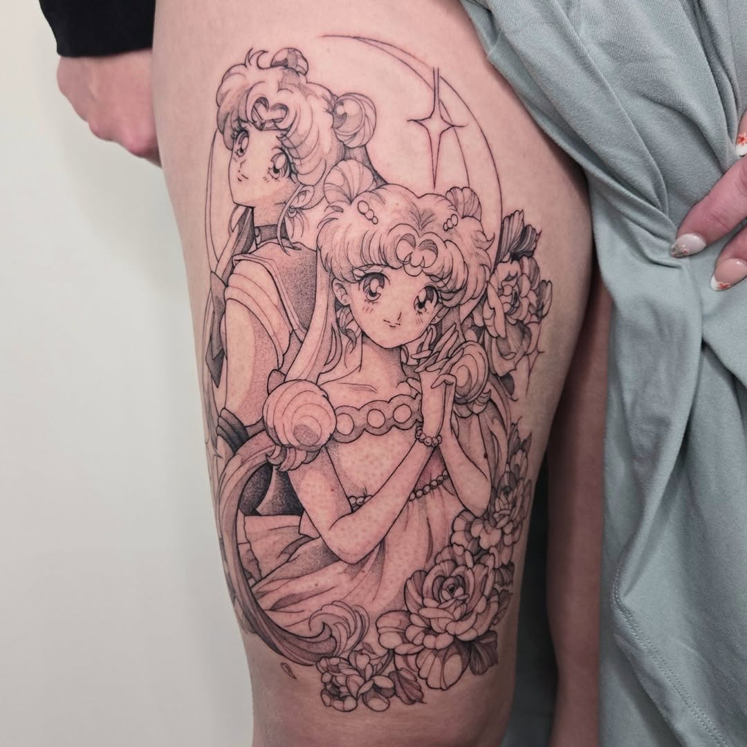 Tattoo by @savshimi — anime, dotwork