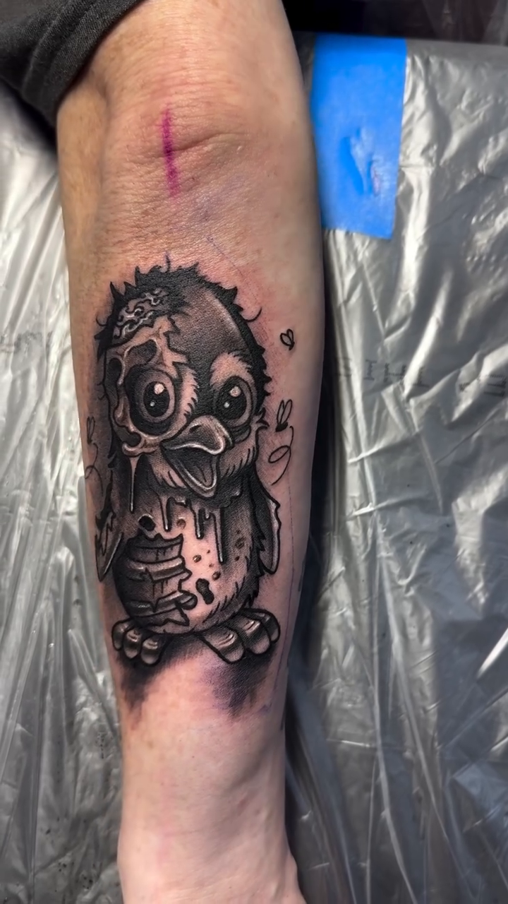 Tattoo by @daveisoldbutstillkicknit — black_and_grey, dark_realism