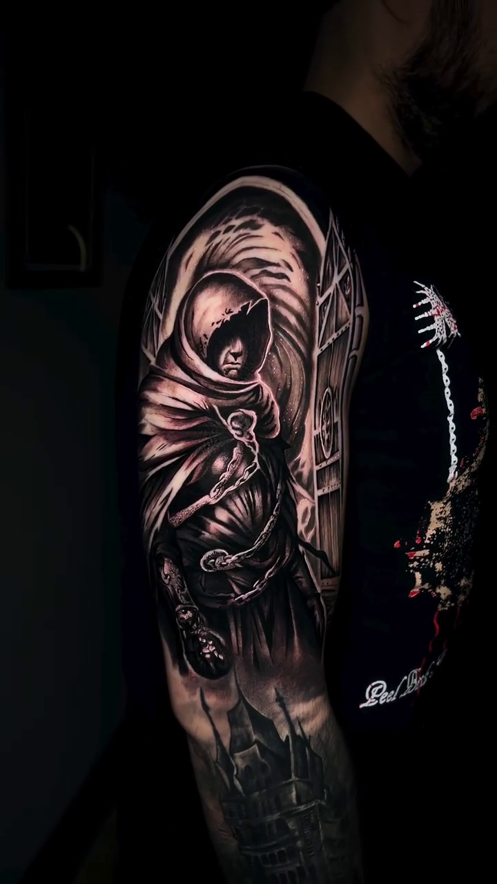 Tattoo by @mrcurlytattoo — dark_realism, black_and_grey