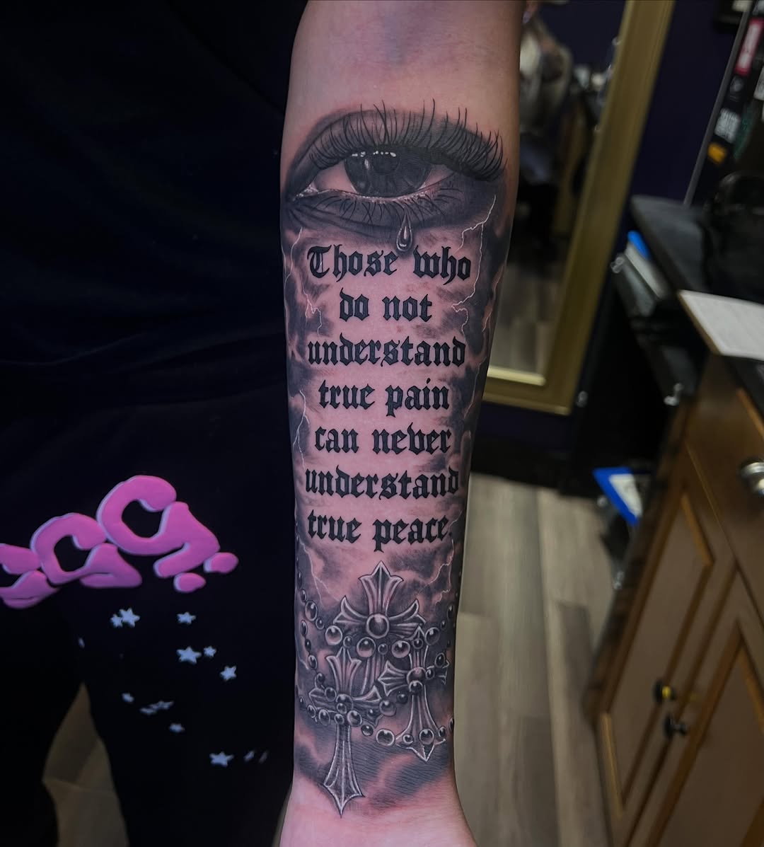 Tattoo by @mctatty — lettering_script, black_and_grey