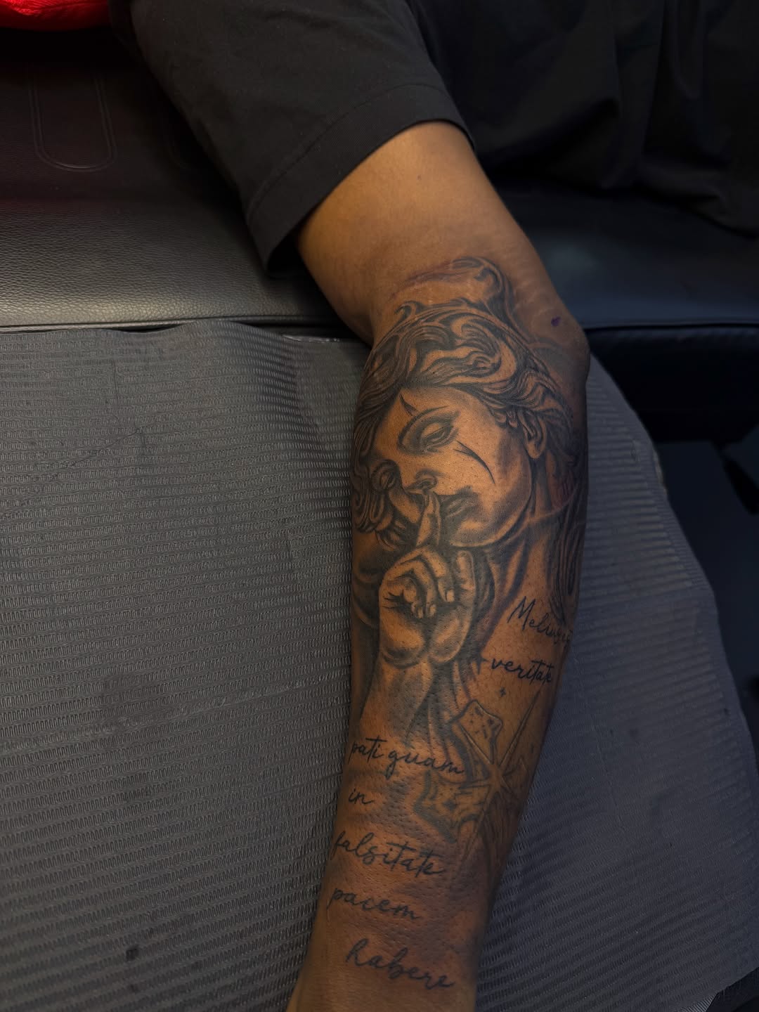 Tattoo by @inkwjuju — black_and_grey, lettering_script