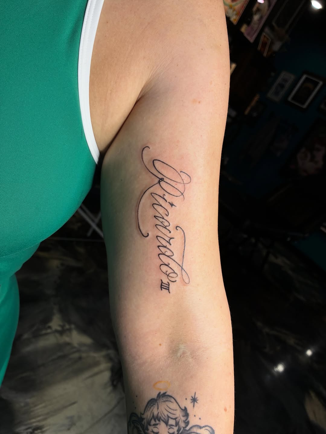 Tattoo by @pebbles.iv — lettering_script, fine_line
