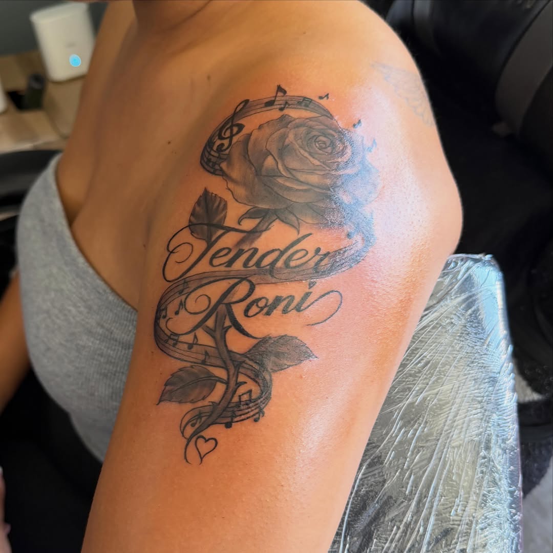 Tattoo by @tattsbybris — black_and_grey, lettering_script