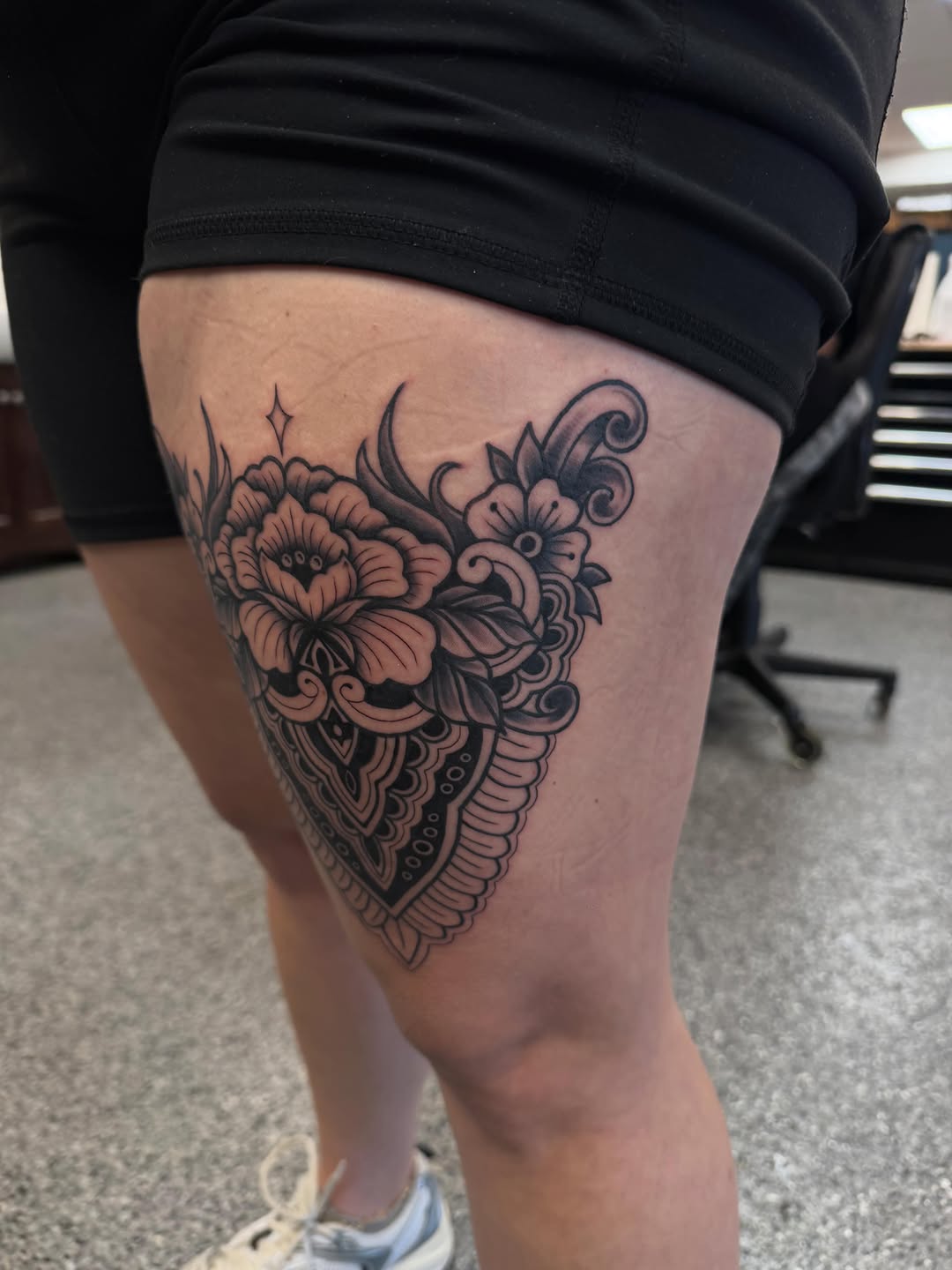 Tattoo by @pushingpigment1117 — black_and_grey, ornamental