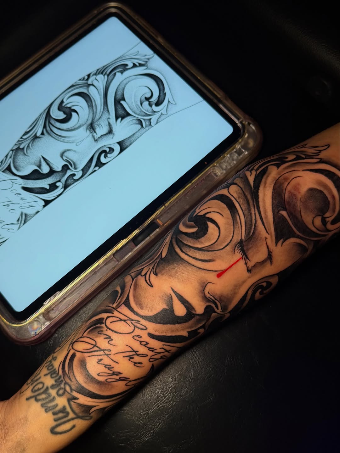 Tattoo by @macink__ — black_and_grey, lettering_script