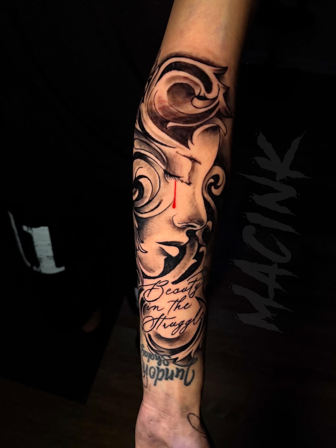 Tattoo by @macink__ — black_and_grey, lettering_script