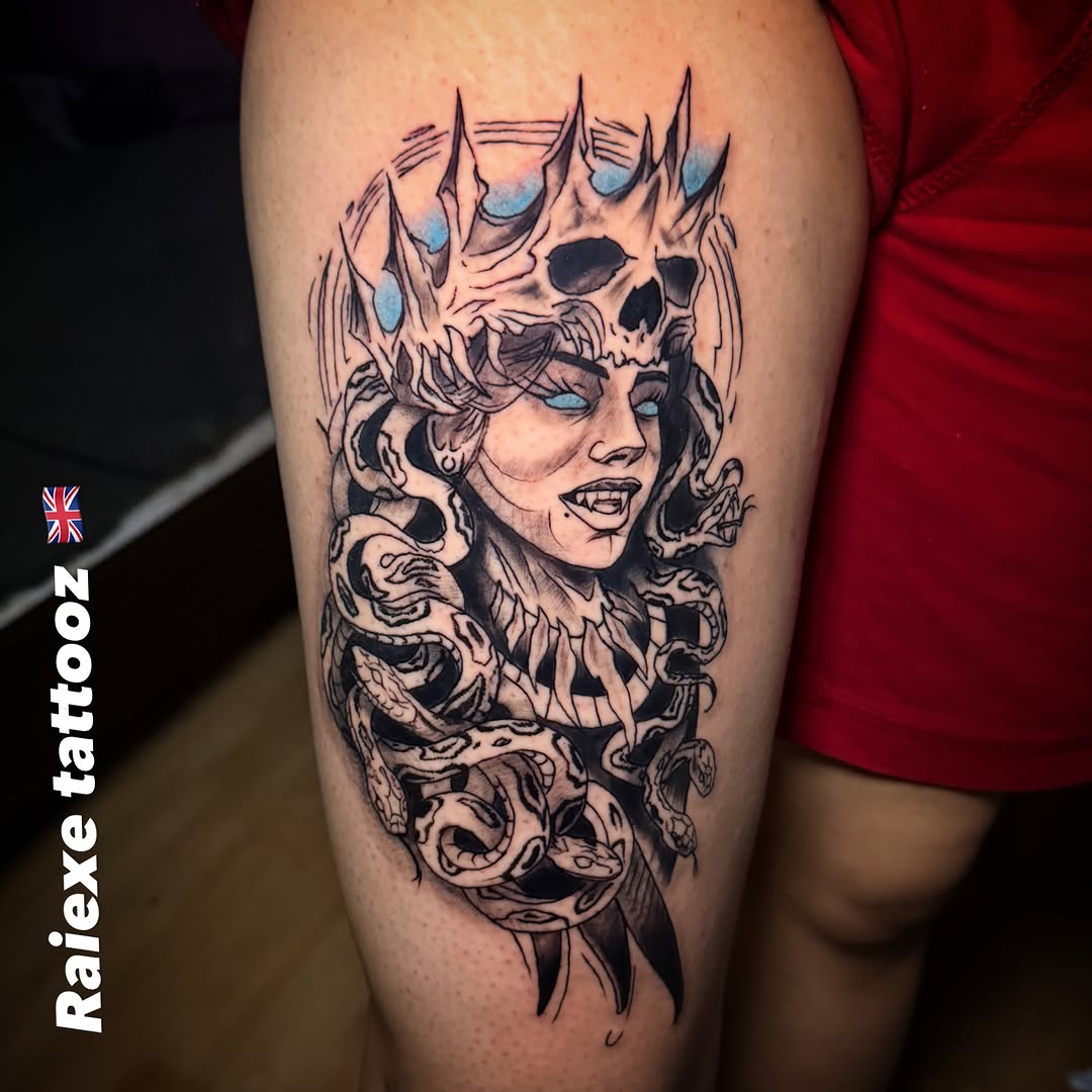 Tattoo by @raiexe.tatz โ black_and_grey, dark_realism
