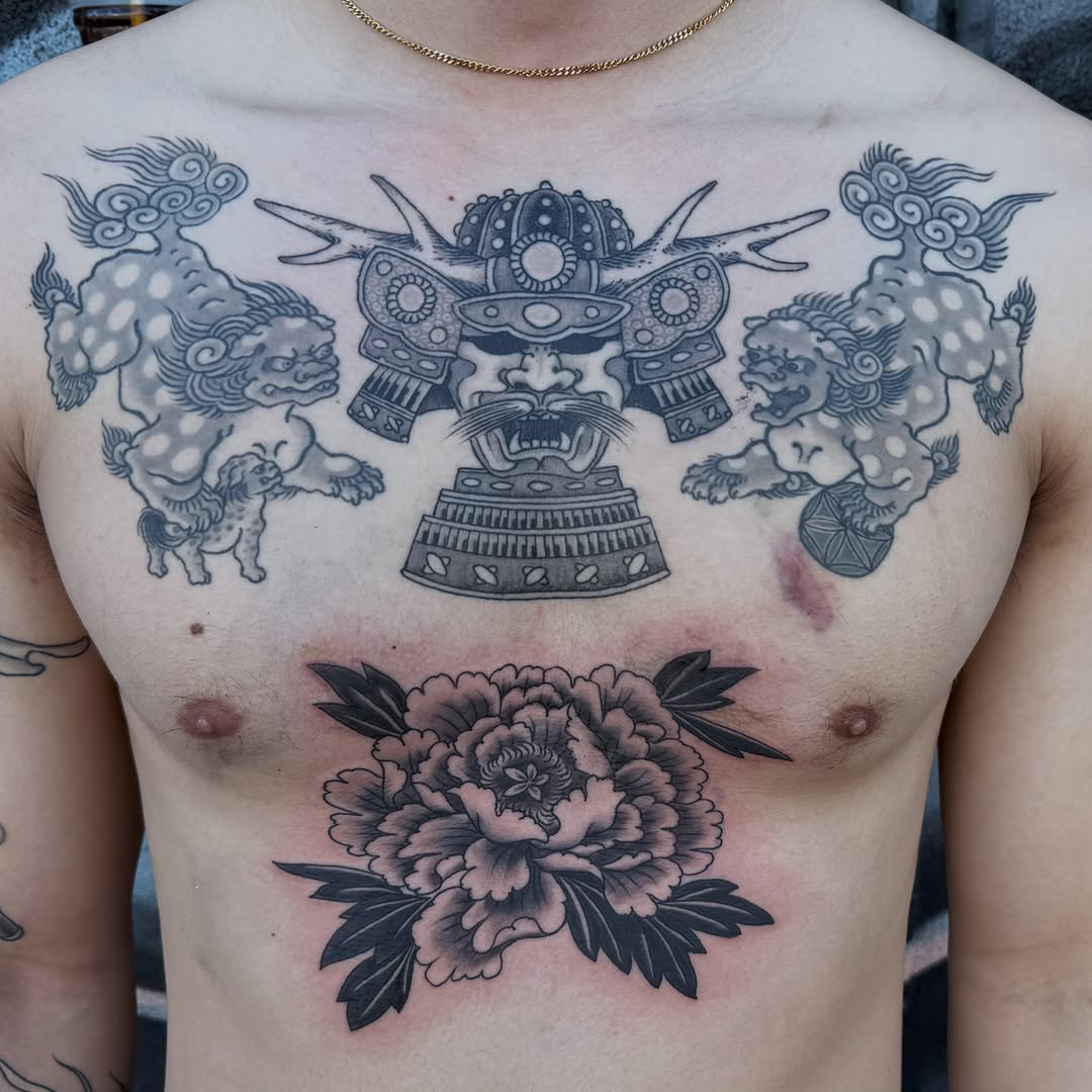 Tattoo by @markpeoplestattoos — japanese_irezumi, black_and_grey