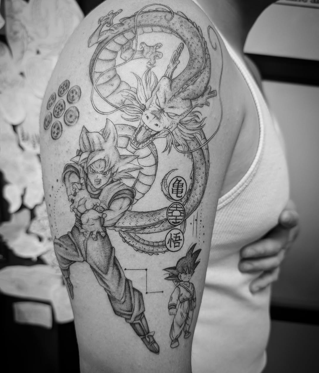 Tattoo by @kenzie_the_barbarian — anime, black_and_grey