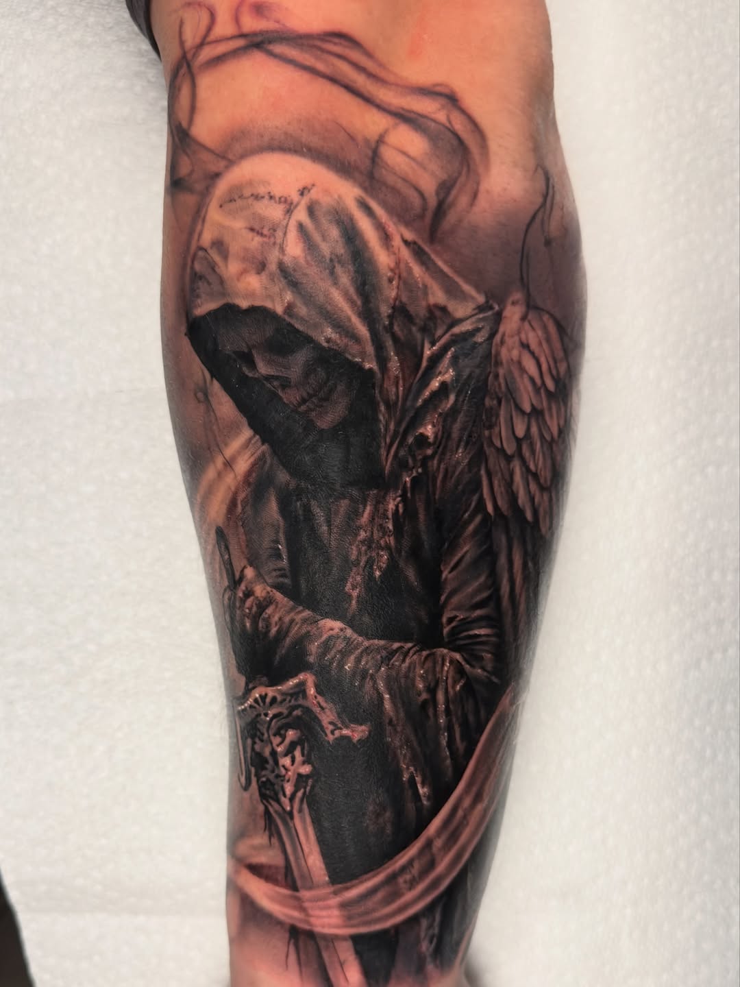 Tattoo by @justinhaytattoos โ dark_realism, black_and_grey