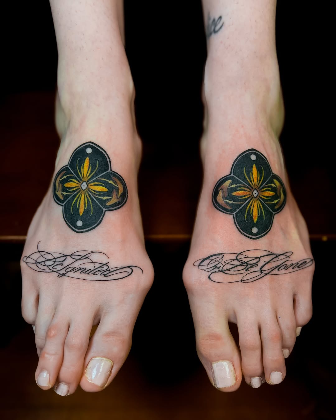 Tattoo by @xandria.tattoos — lettering_script, ornamental