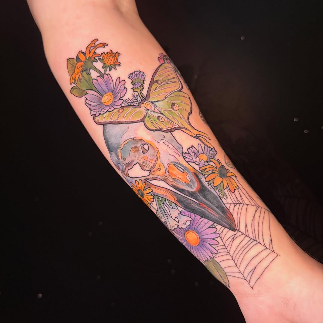 Tattoo by @pigeontattooing — illustrative, black_and_grey