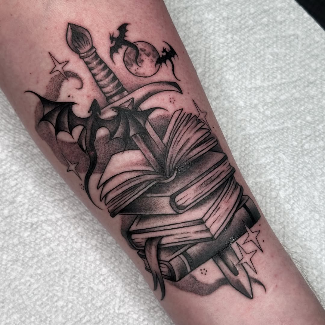 Tattoo by @caitycat.tattoos — black_and_grey, dark_realism