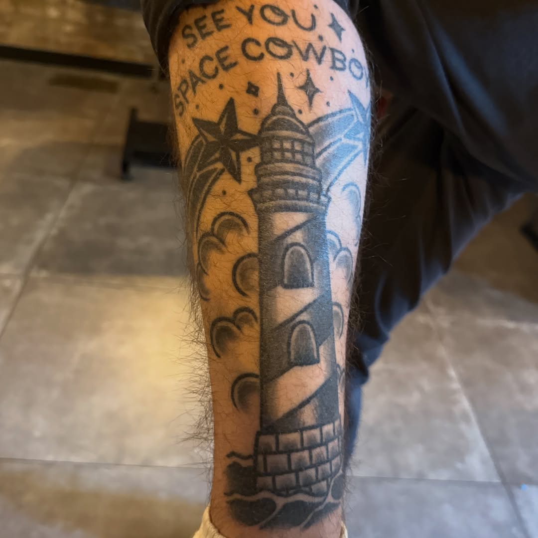 Tattoo by @kkstattoos — black_and_grey, lettering_script
