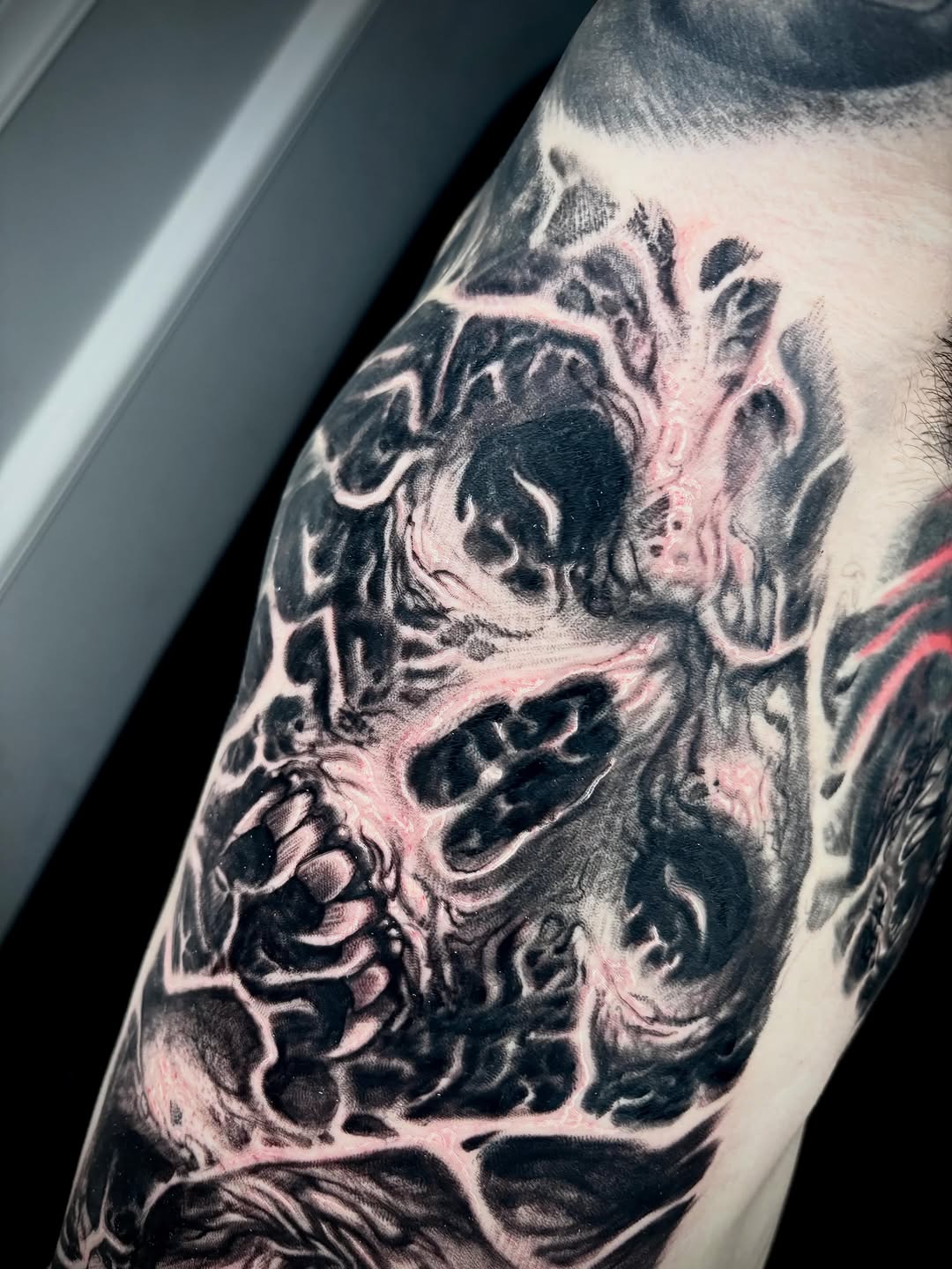 Tattoo by @blaggy__black — black_and_grey, dark_realism