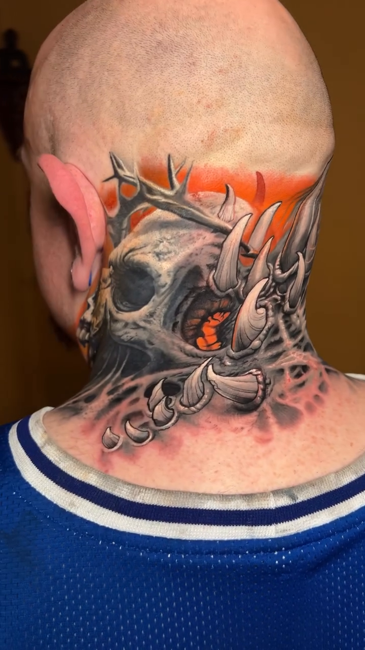 Tattoo by @aaronmckinneytattoo — dark_realism, black_and_grey