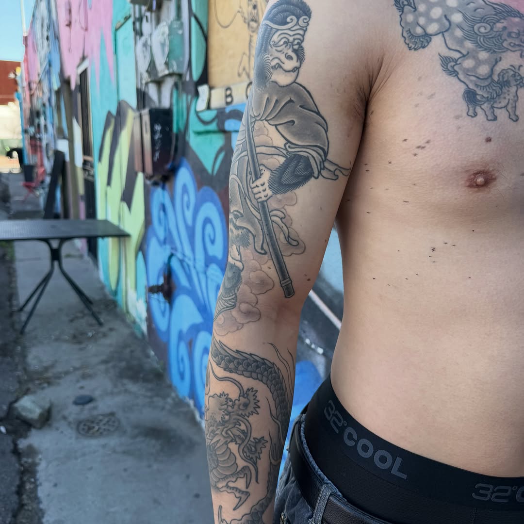 Tattoo by @markpeoplestattoos — japanese_irezumi, black_and_grey