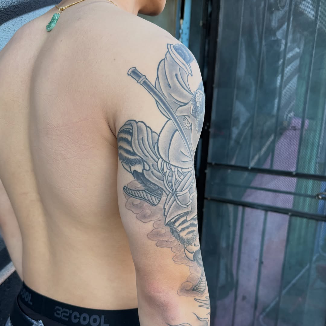 Tattoo by @markpeoplestattoos — japanese_irezumi, black_and_grey