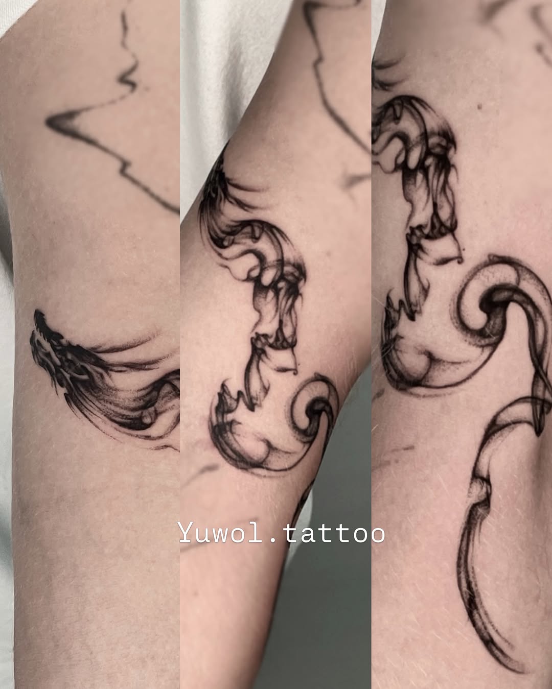 Tattoo by @yuwol.tattoo — black_and_grey, dotwork