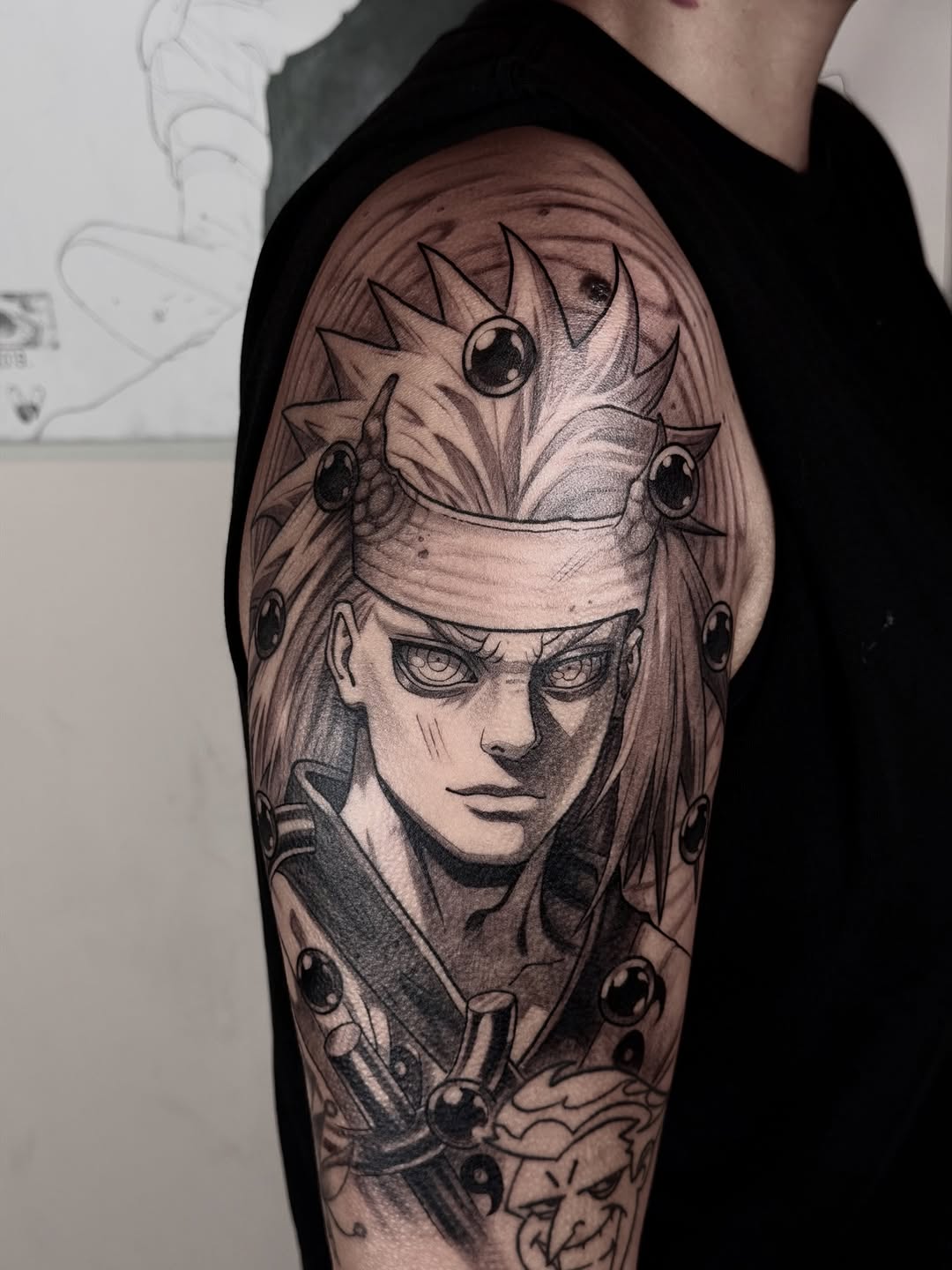 Tattoo by @marcusmartineztattoo β anime, black_and_grey