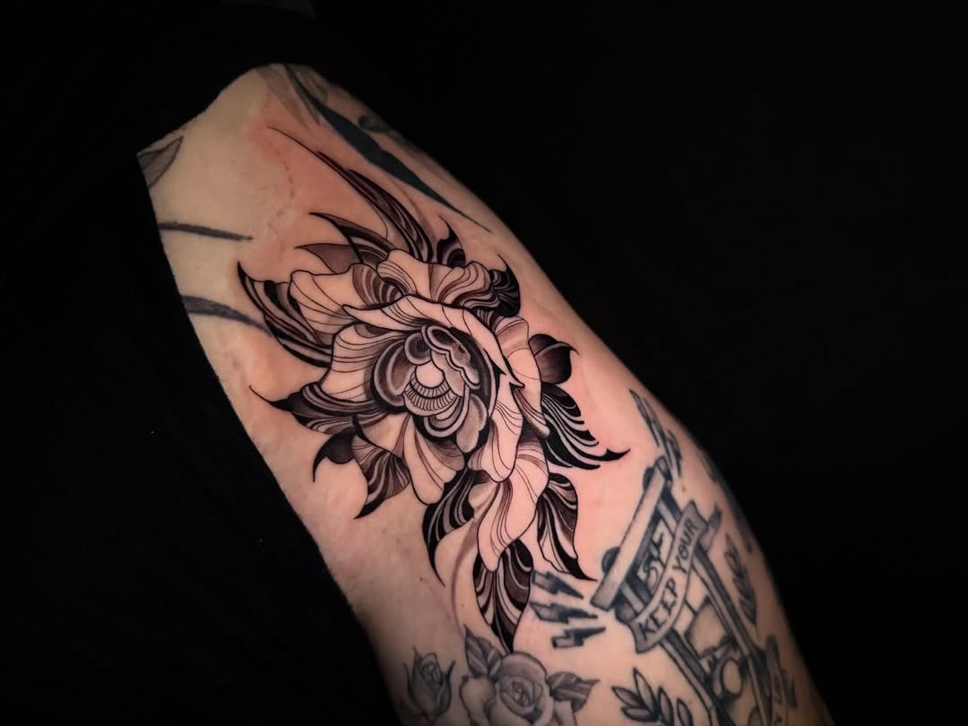 Tattoo by @d_goddess_tattoos — black_and_grey, ornamental