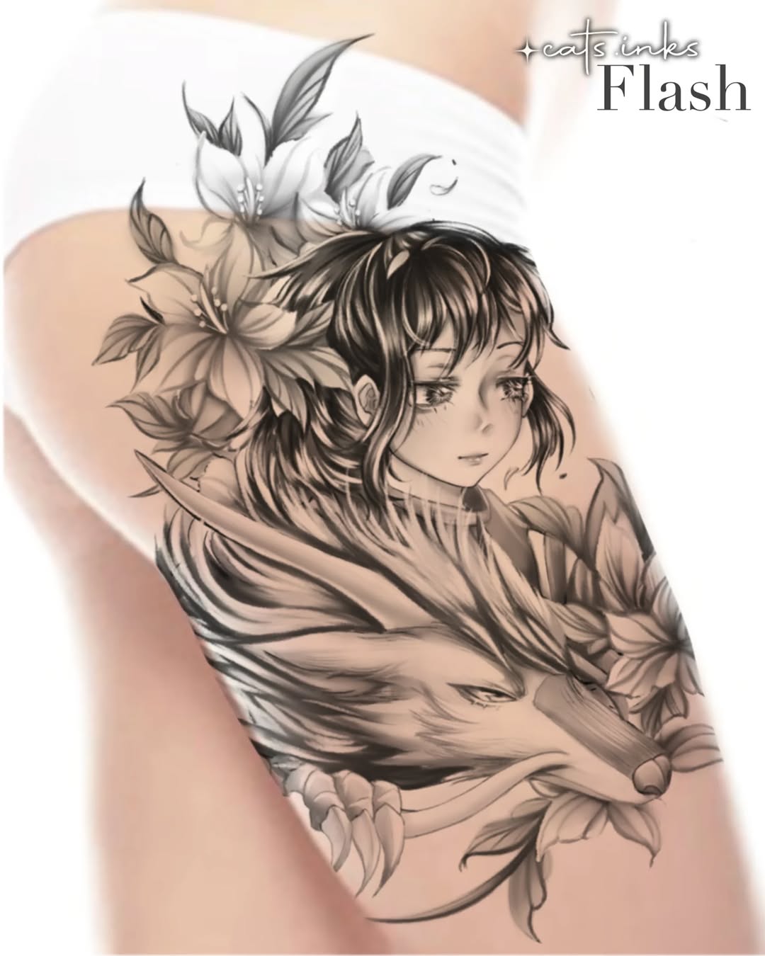 Tattoo by @cats.inks โ anime, black_and_grey