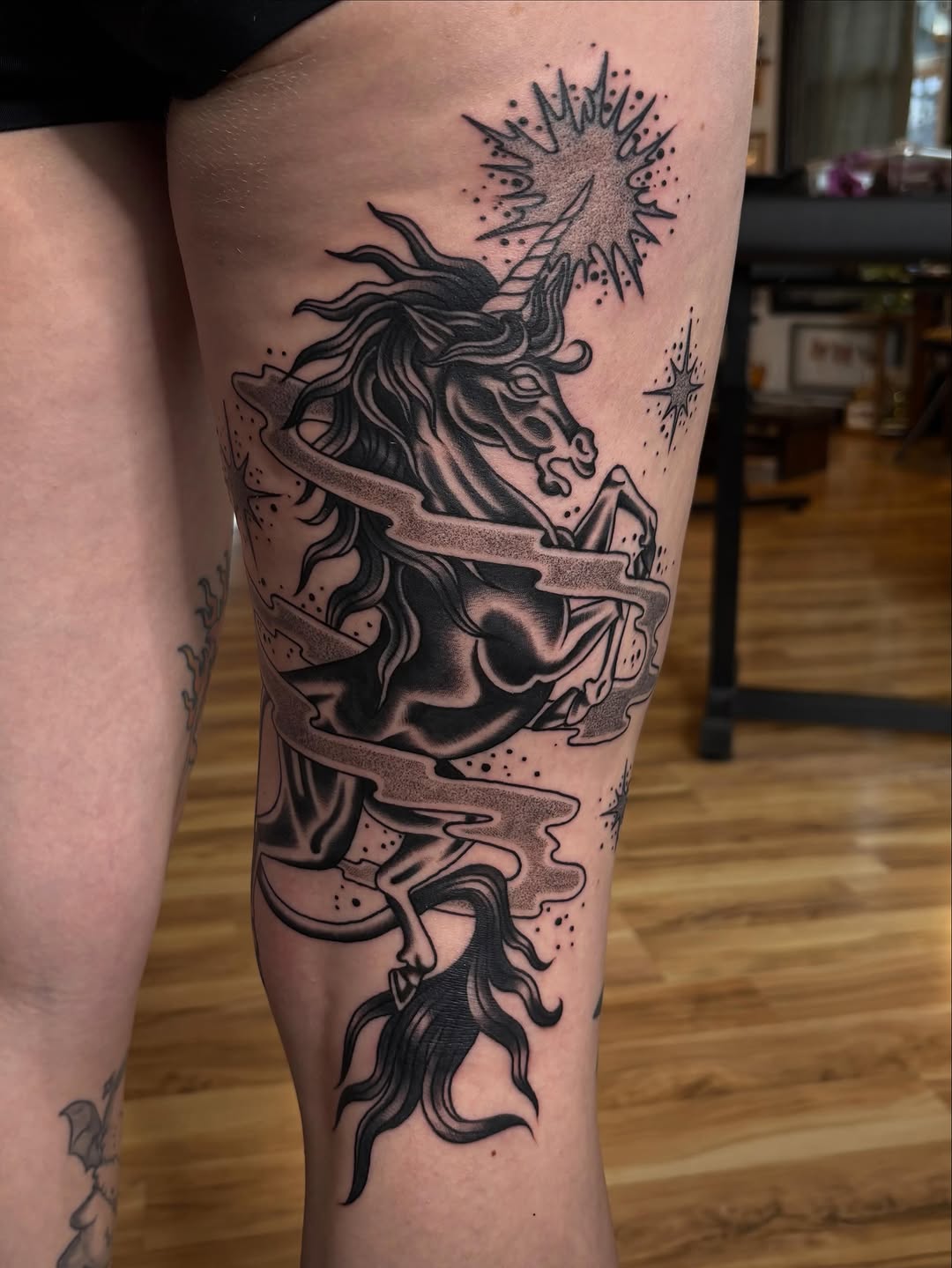 Tattoo by @pembrlily — black_and_grey, dark_realism