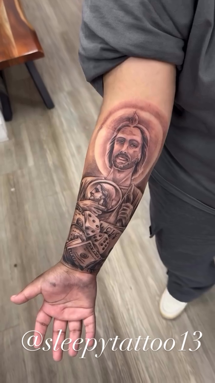 Tattoo by @sleepytattoo13 — realism, black_and_grey