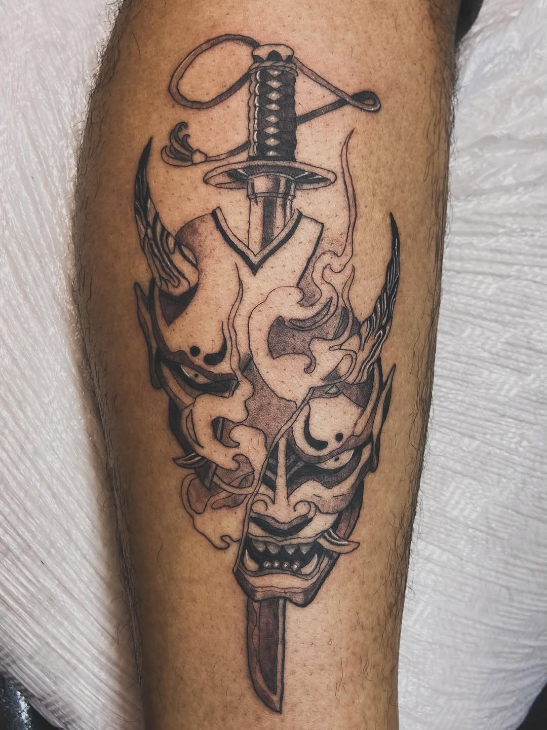 Tattoo by @tinyterrorink — japanese_irezumi, black_and_grey