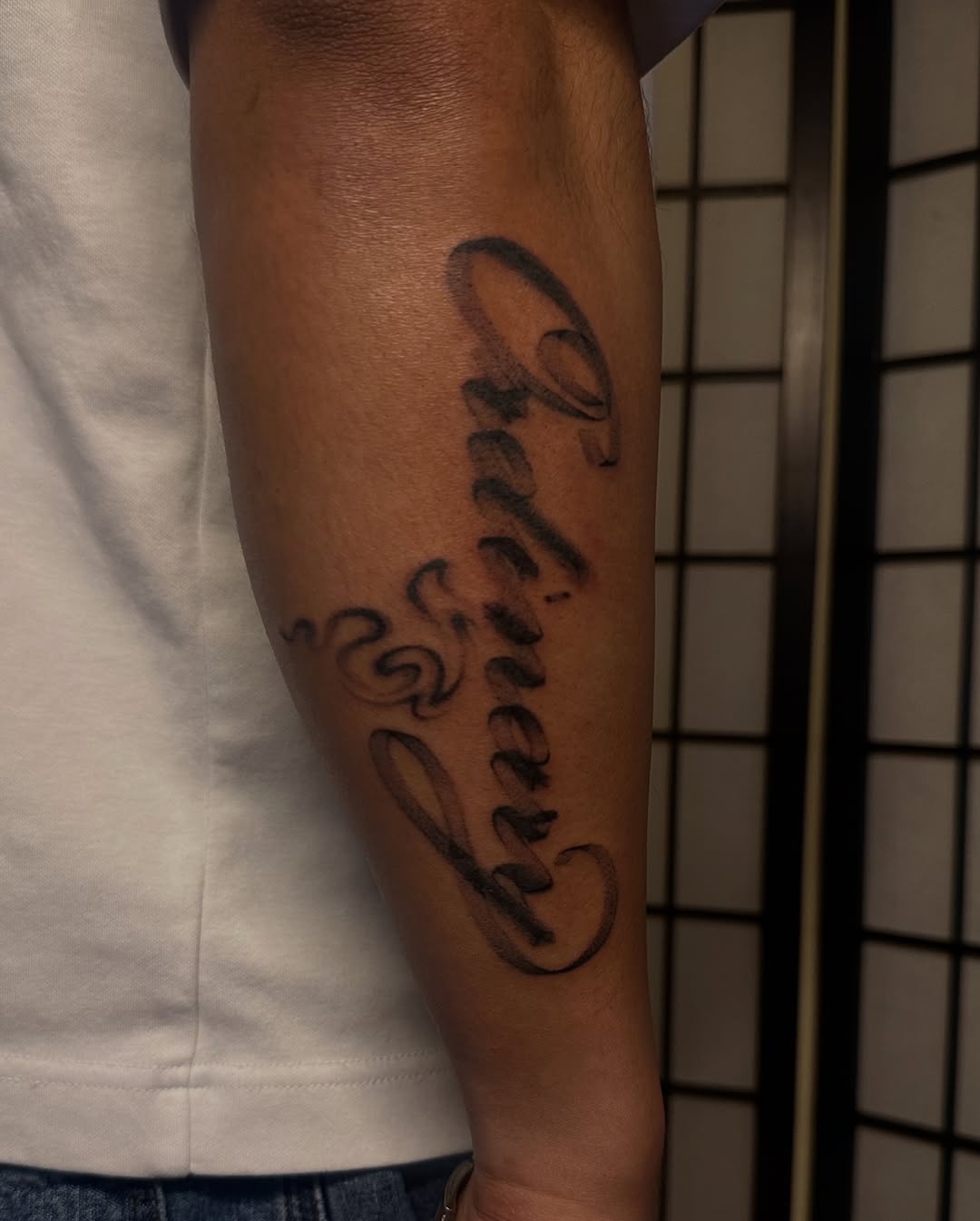 Tattoo by @irezumijun — lettering_script, black_and_grey