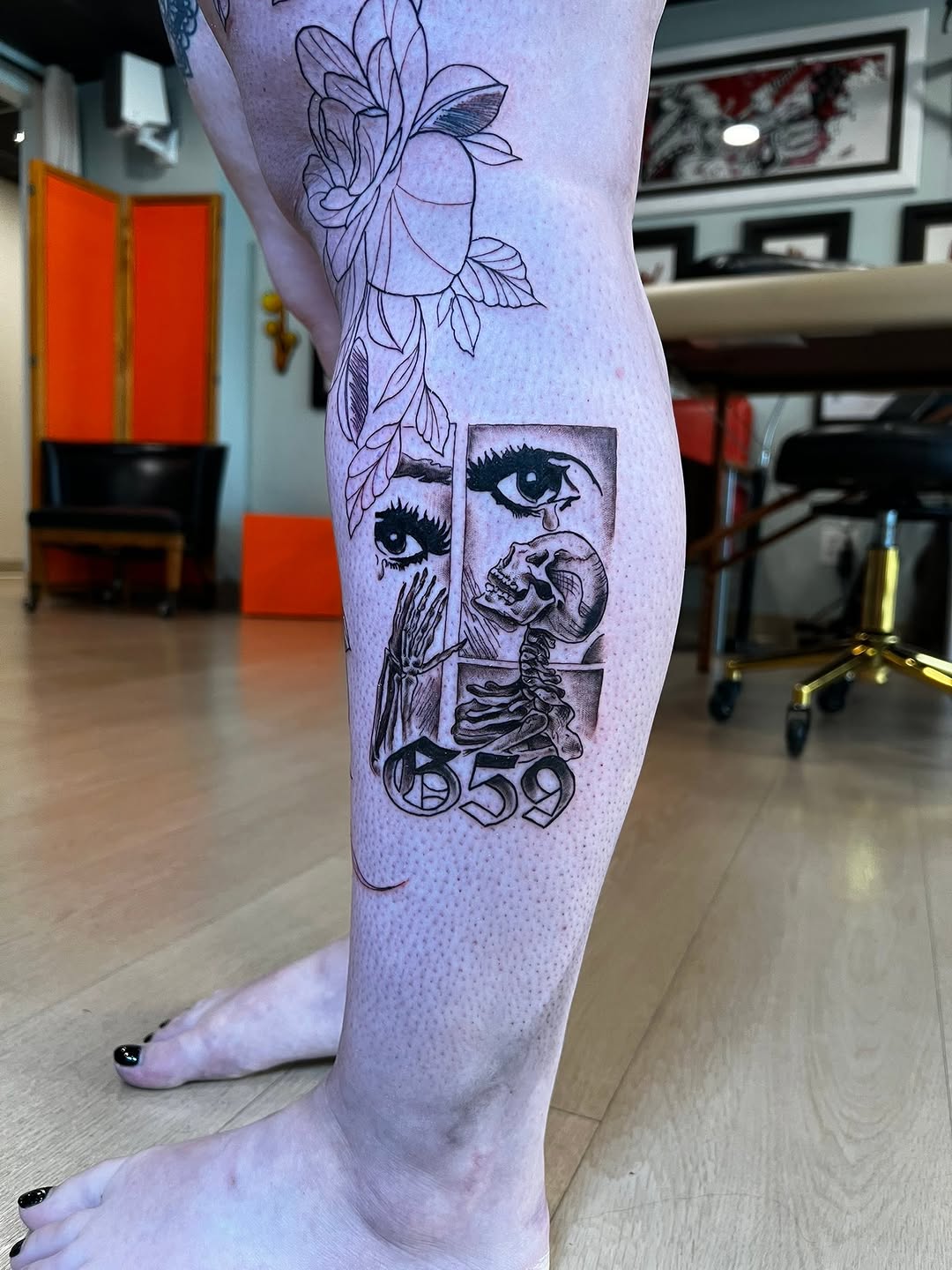 Tattoo by @jessica_kloostattoos — illustrative, black_and_grey