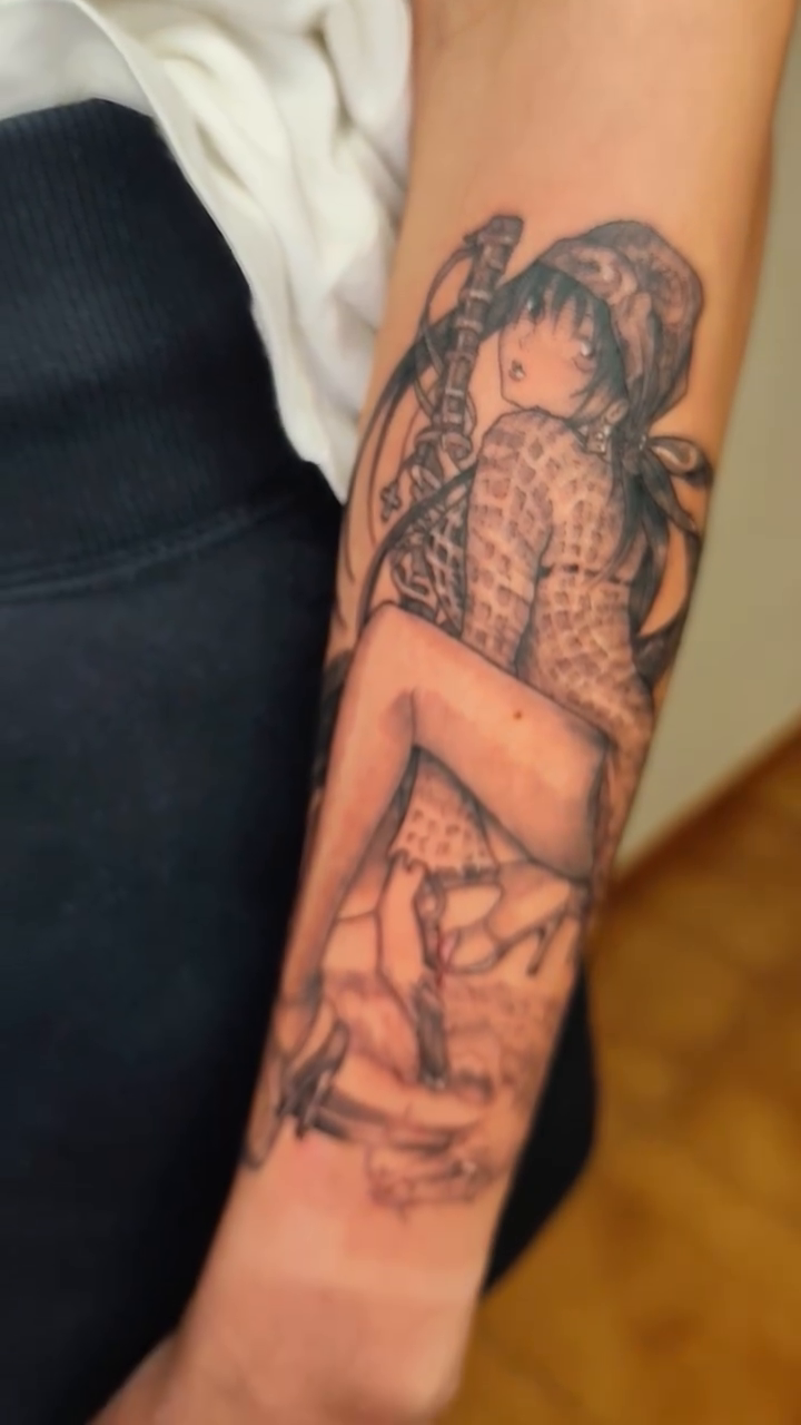 Tattoo by @martinatattoolanzarote — anime, black_and_grey