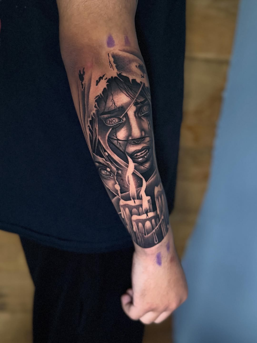 Tattoo by @milesjtattoos — black_and_grey, dark_realism