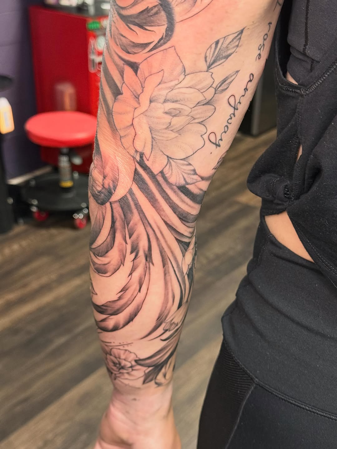 Tattoo by @candybrainink — black_and_grey, lettering_script