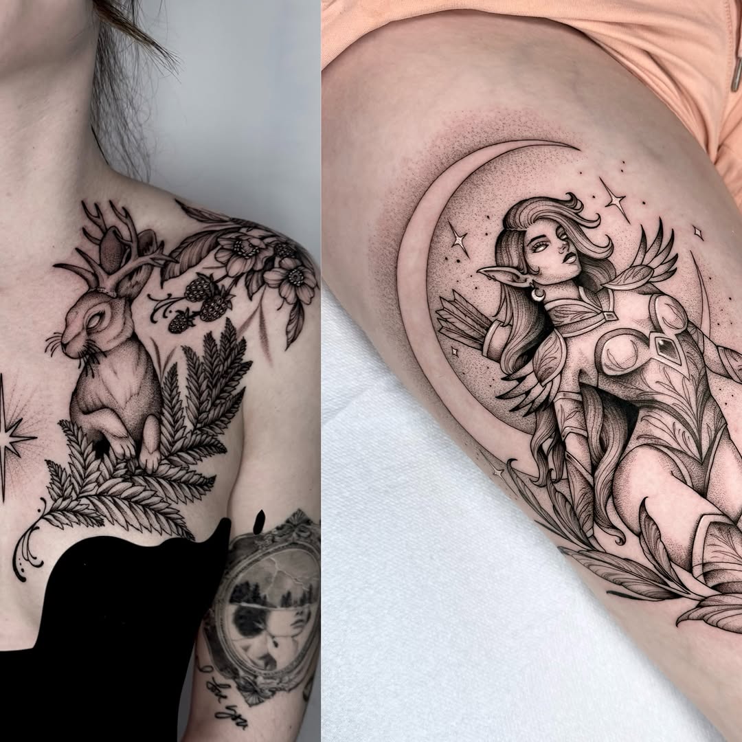 Tattoo by @kathrynsemusart — illustrative, dotwork