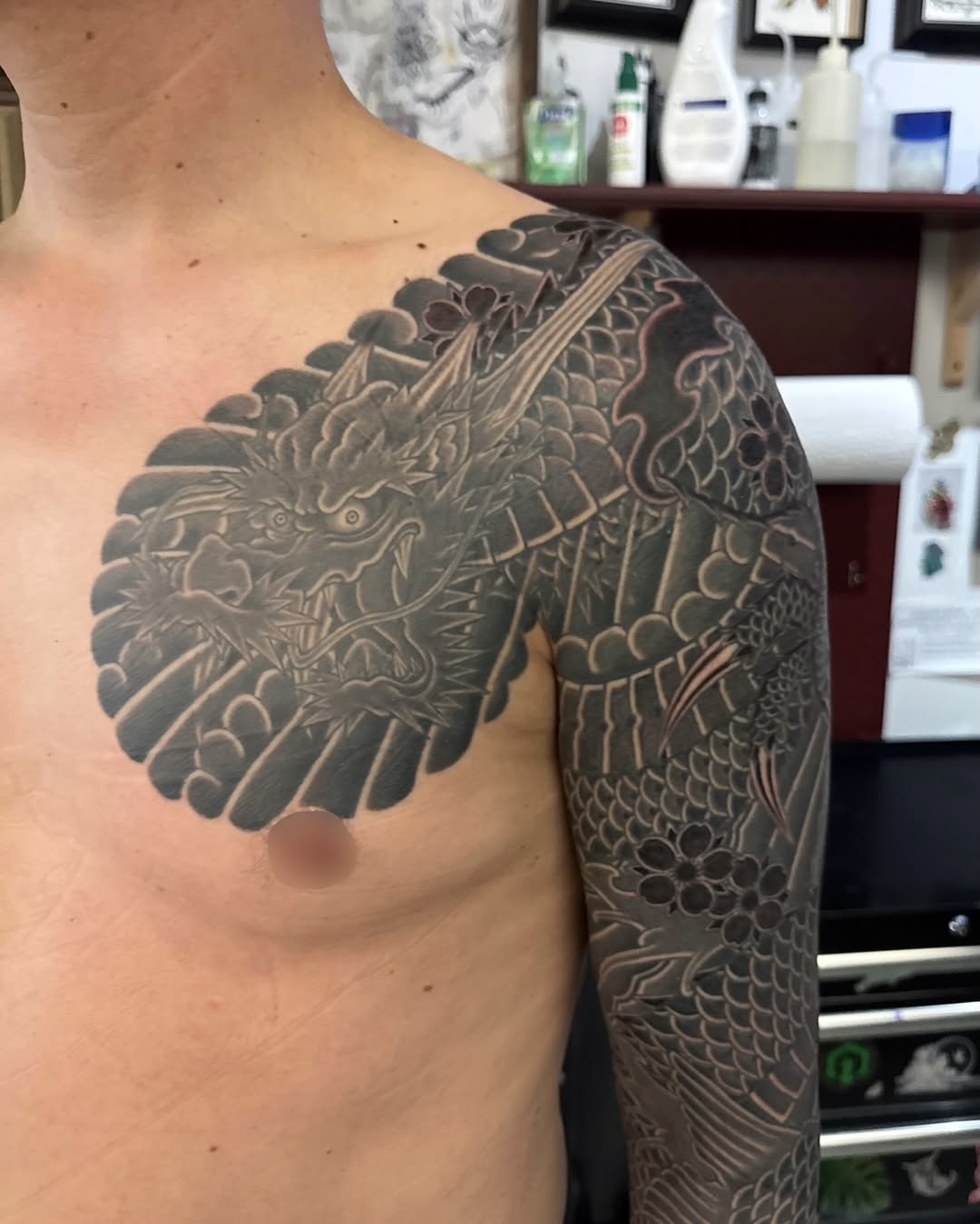 Tattoo by @baku_irezumi — japanese_irezumi, black_and_grey