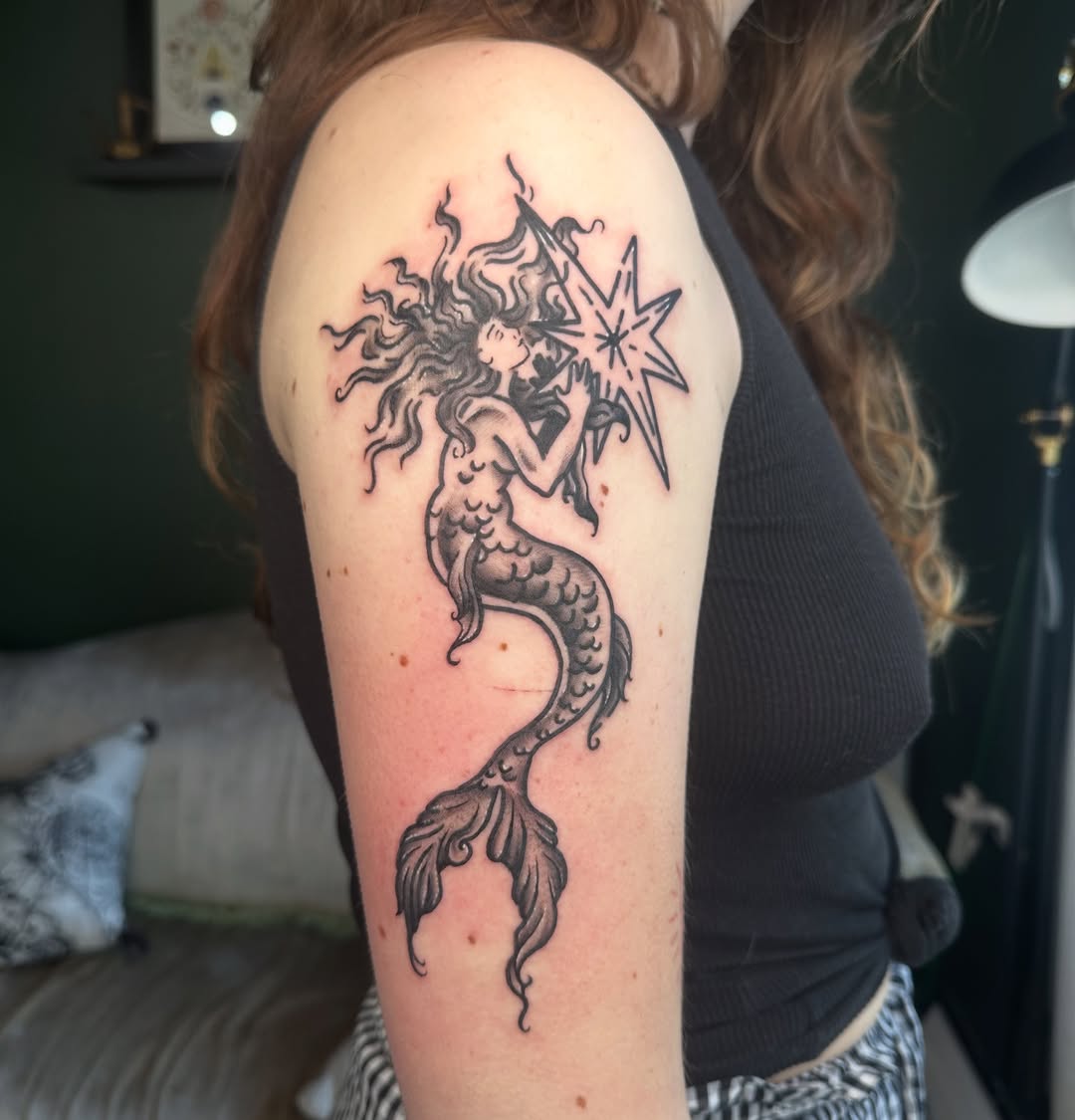 Tattoo by @grimefrogtattoos — black_and_grey, illustrative