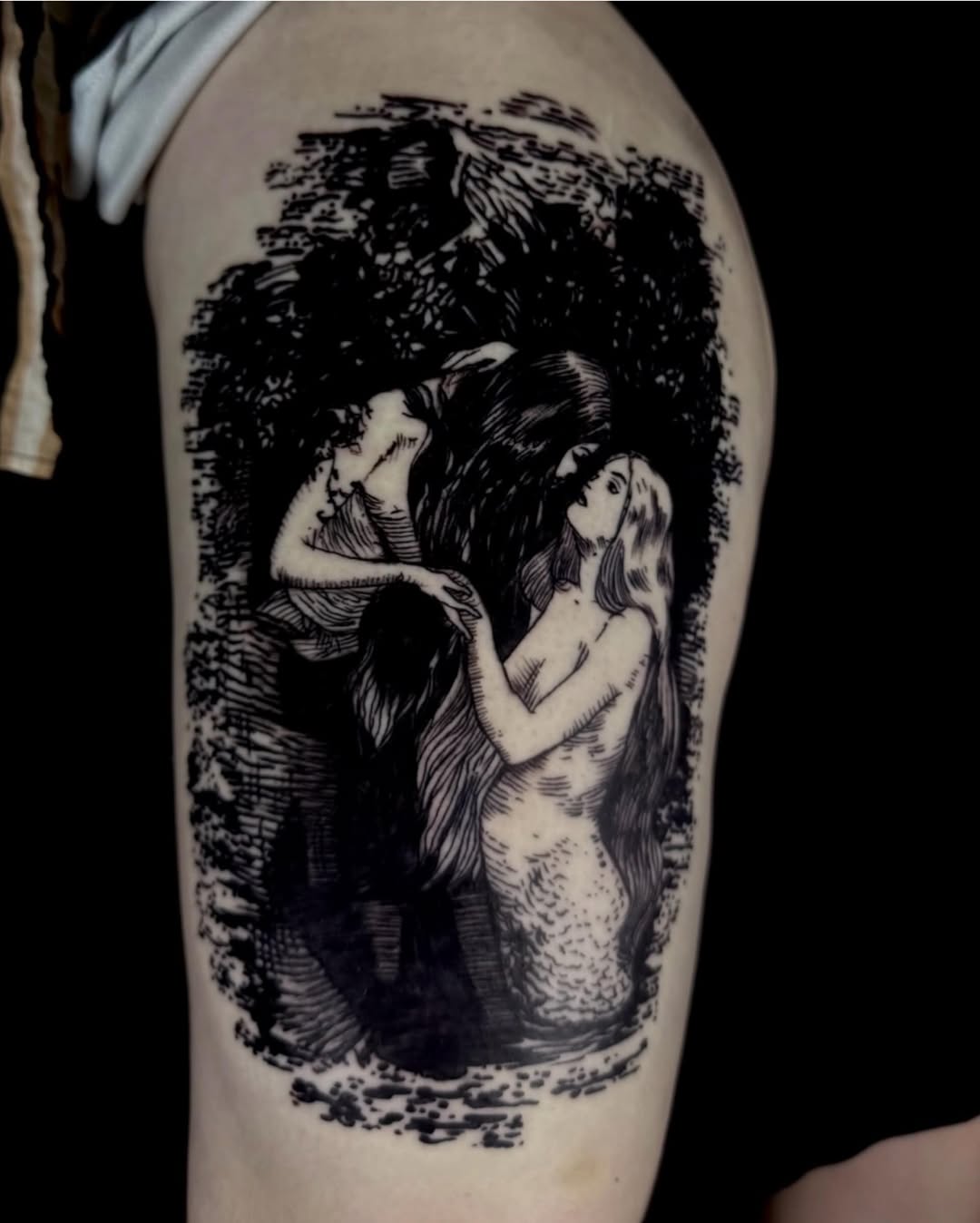 Tattoo by @paigeof.swords — illustrative, blackwork