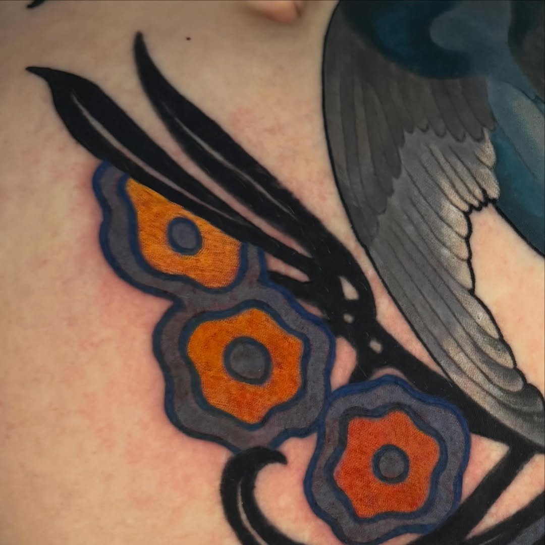 Tattoo by @pigeontattooing — illustrative, black_and_grey