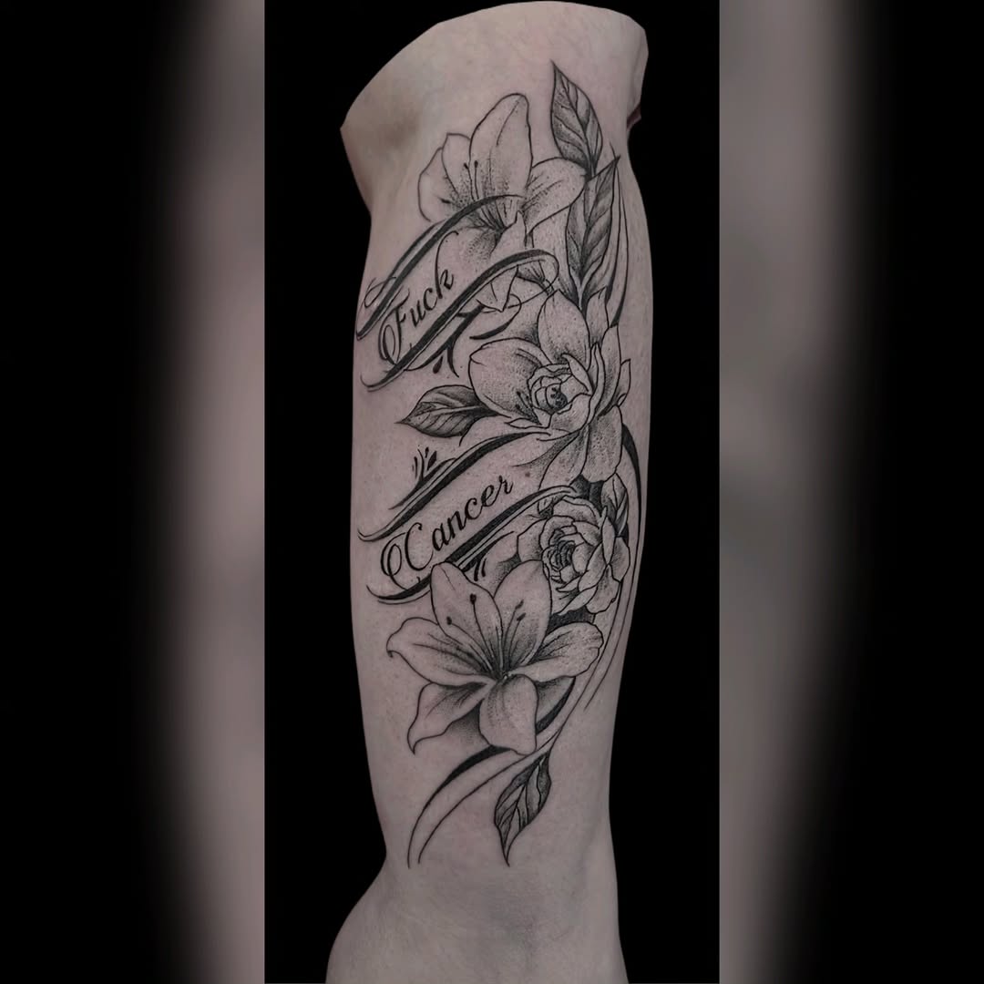Tattoo by @samanthamcquillanart โ lettering_script, black_and_grey