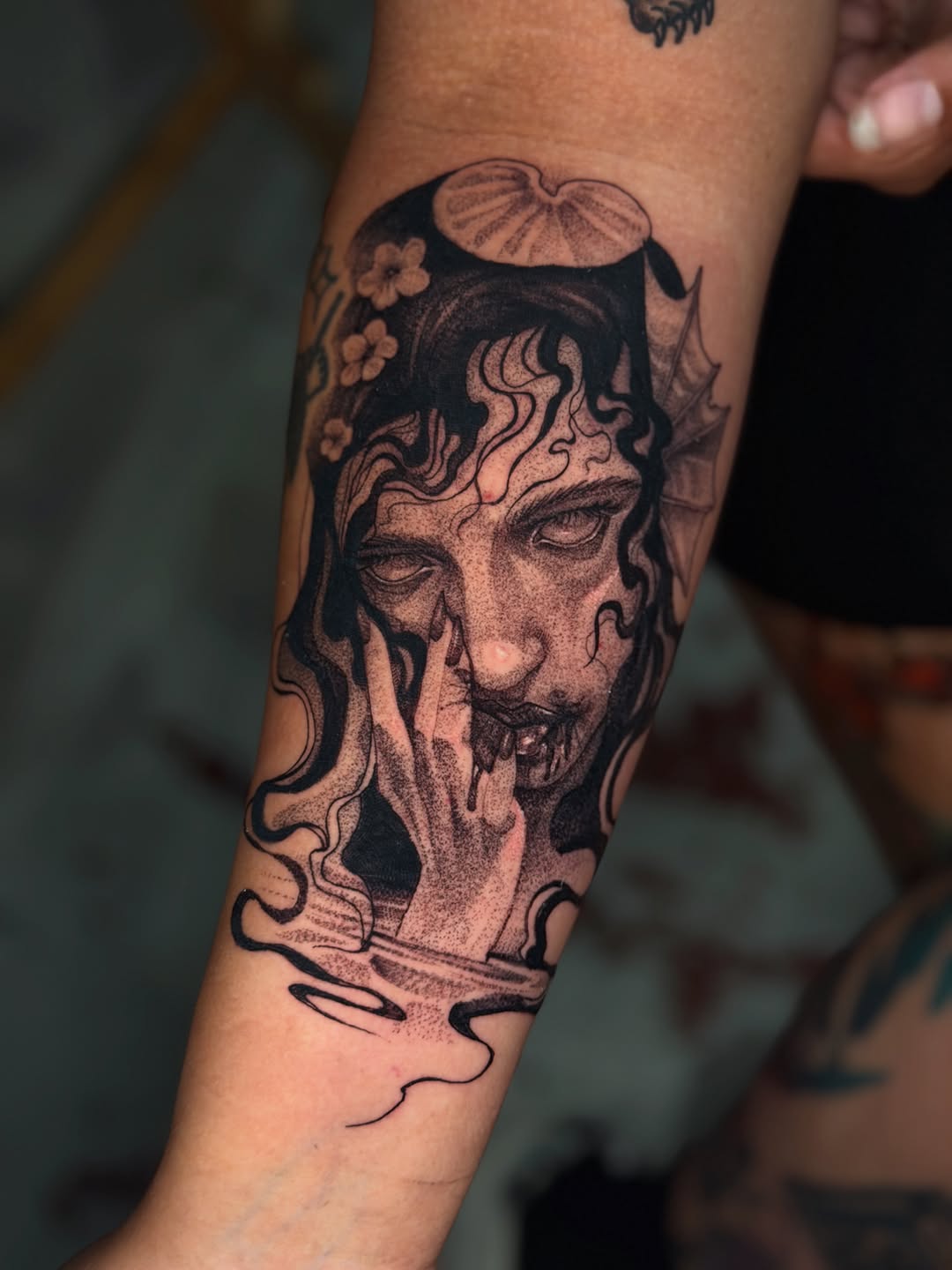 Tattoo by @dumbpeach.jpg — dark_realism, dotwork