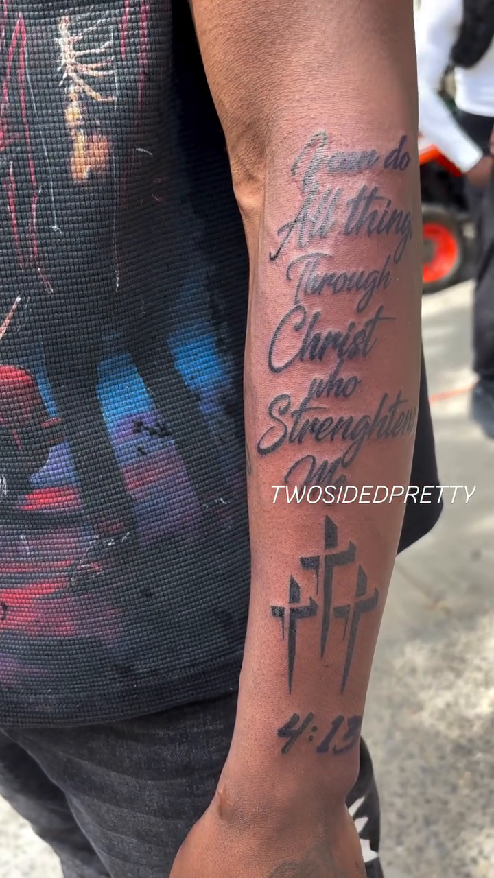 Tattoo by @twosidedpretty โ lettering_script, black_and_grey