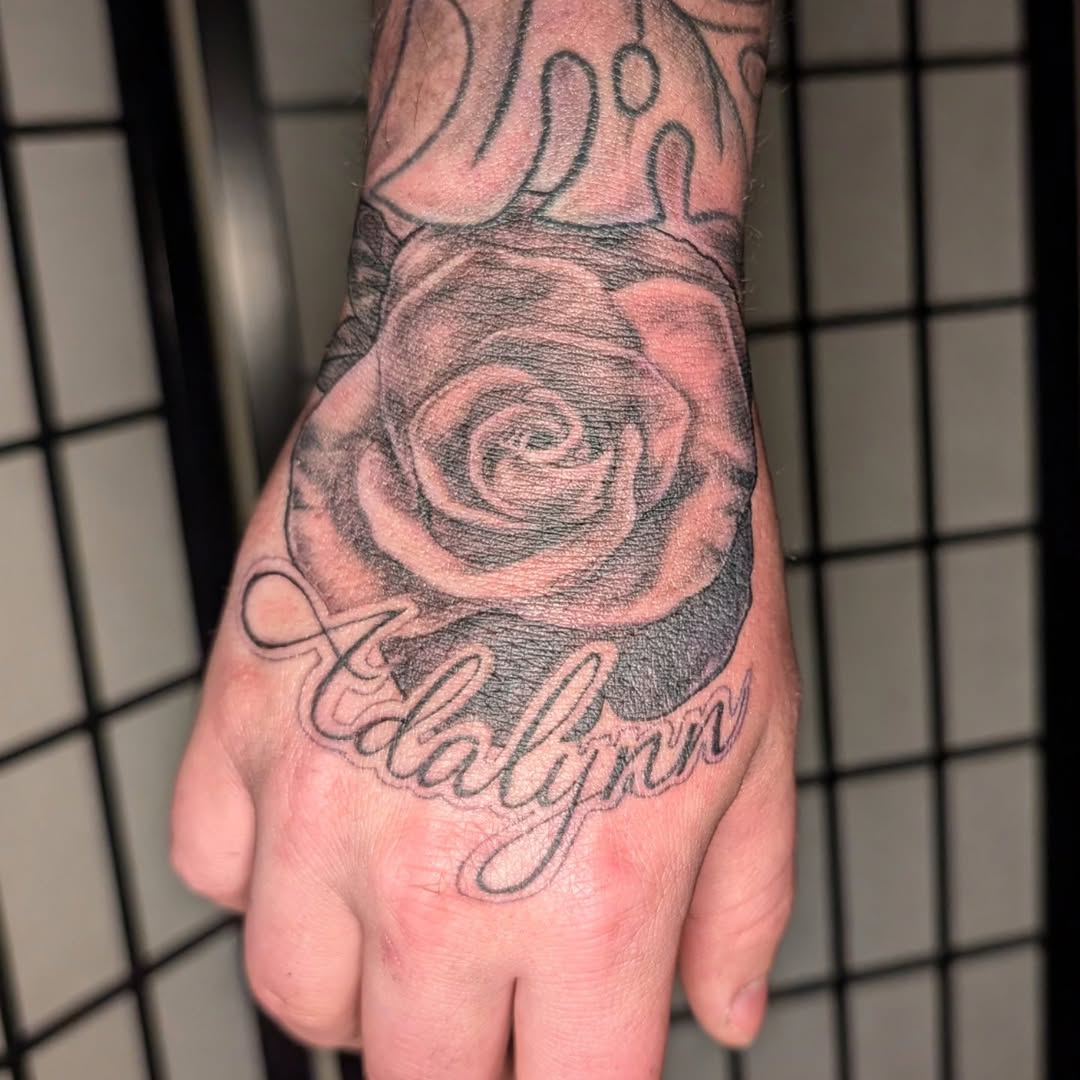 Tattoo by @tattoosbymichaelamay — black_and_grey, lettering_script