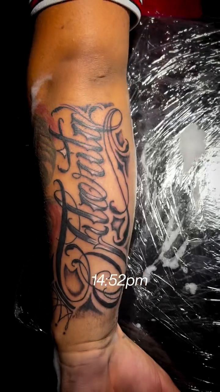Tattoo by @jonny_vicious_tattoer — lettering_script, black_and_grey