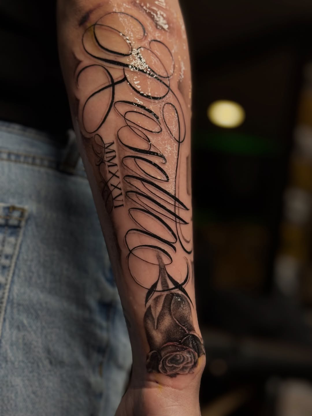 Tattoo by @_frankyvee — lettering_script, black_and_grey