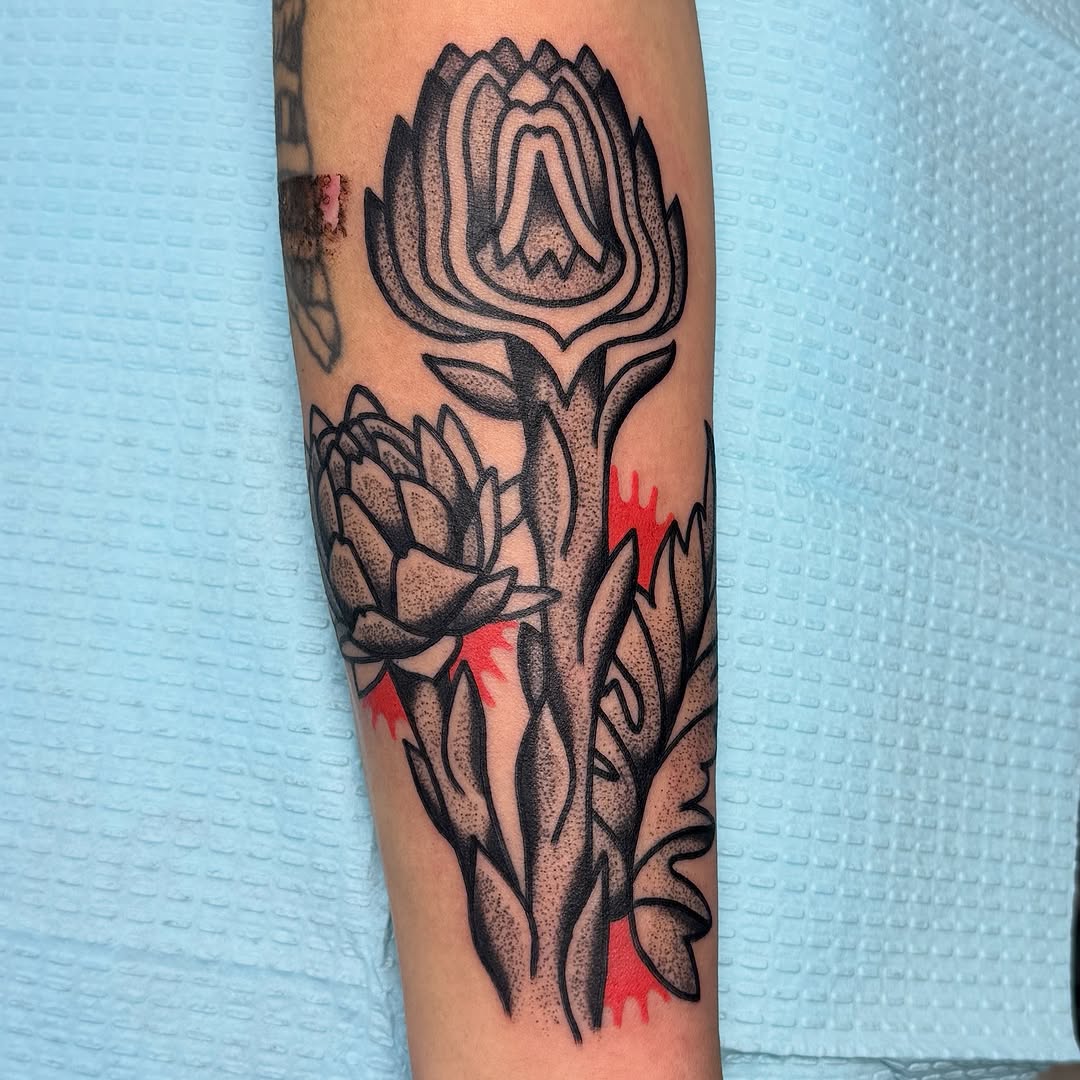 Tattoo by @sawblade_sunken_ship — illustrative, dotwork